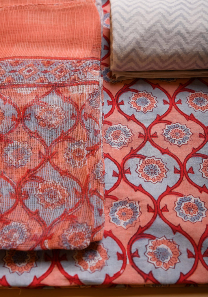 Peach & Grey Hand Block Printed Cotton Suit with Kota Dupatta