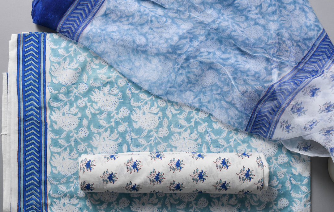 Shades of Blues Hand Block Printed Cotton Suit With Chiffon dupatta