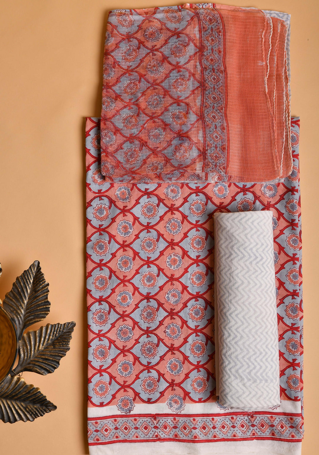 Peach & Grey Hand Block Printed Cotton Suit with Kota Dupatta