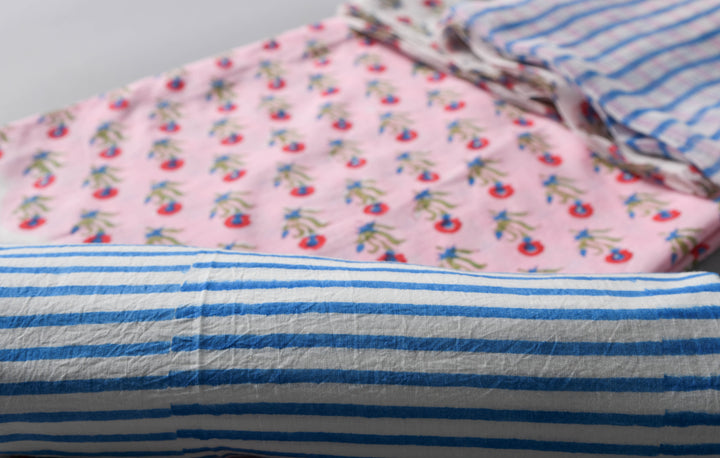 Premium quality pink & blue hand block printed cotton suit with Kota dupatta