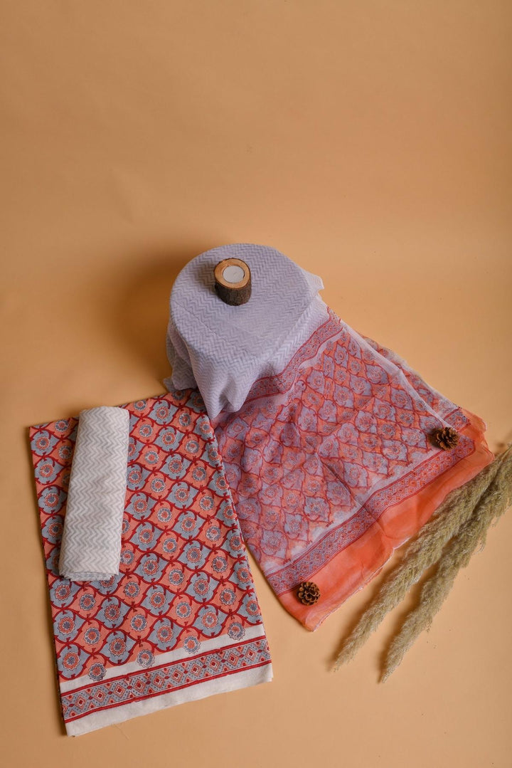 Peach & Grey Hand Block Printed Cotton Suit With Chiffon dupatta