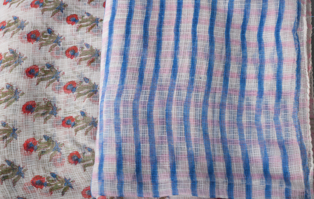 Premium quality pink & blue hand block printed cotton suit with Kota dupatta
