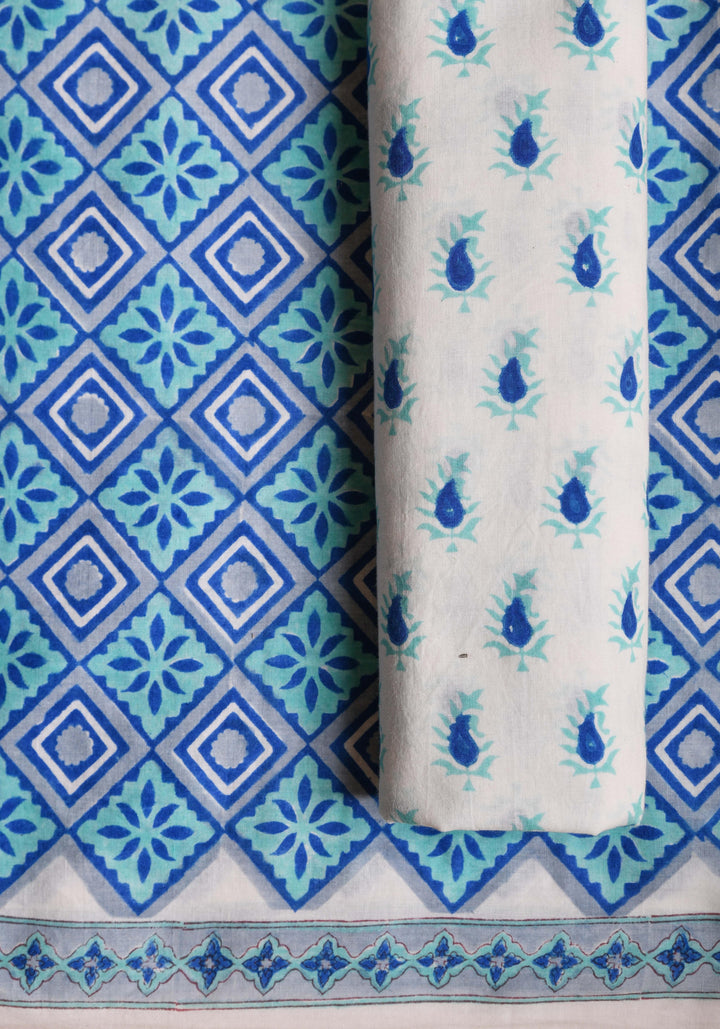 Blue & Grey Hand Block Printed Cotton Suit with Kota Dupatta