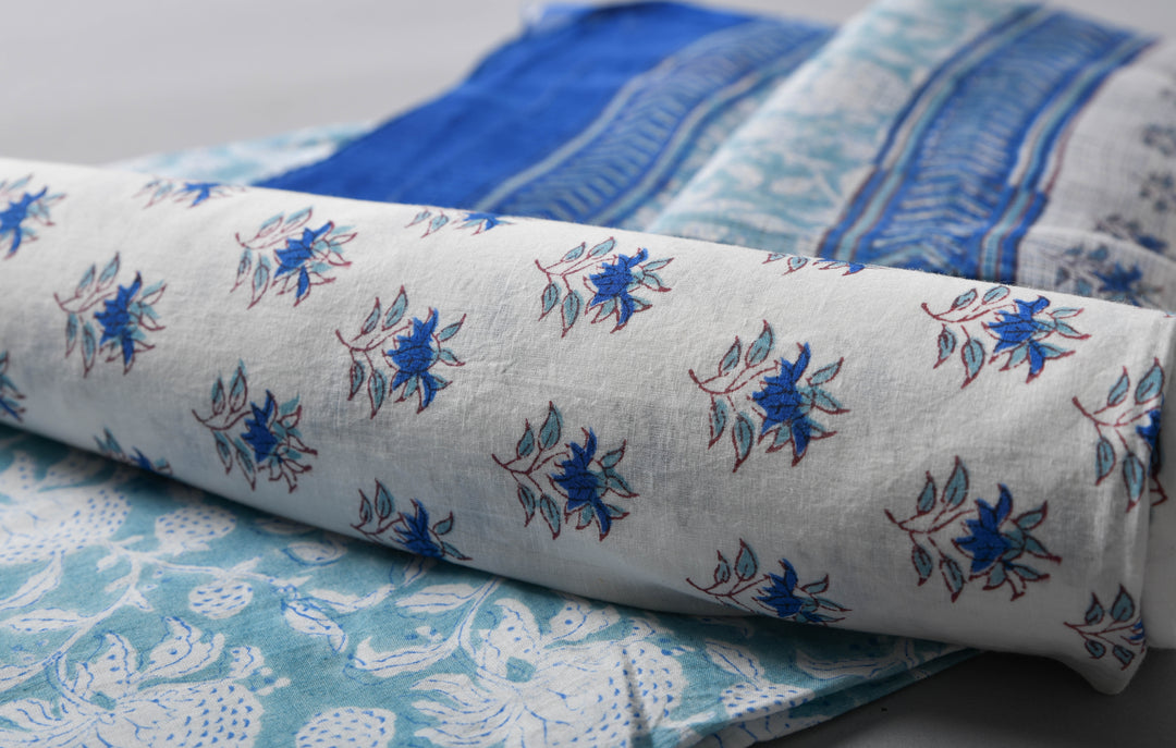 Premium quality blue hand block printed cotton suit with Kota dupatta