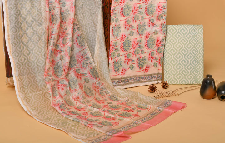 Authentic Pink & Olive hand block printed chanderi suit with chanderi dupatta
