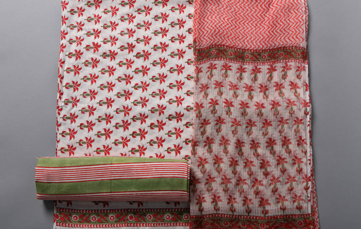 Premium quality red & green hand block printed cotton suit with Kota dupatta
