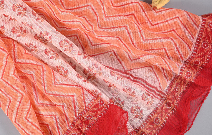 Premium quality orange & red hand block printed cotton suit with Kota dupatta