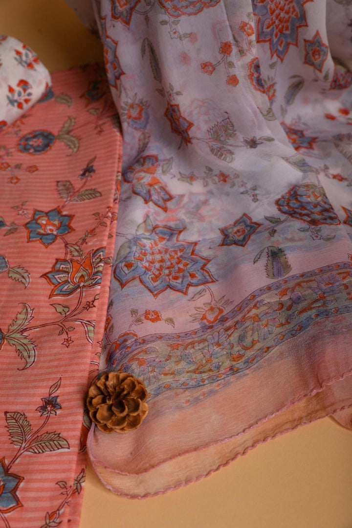 Peach & Blue Hand Block Printed Cotton Suit With Chiffon dupatta