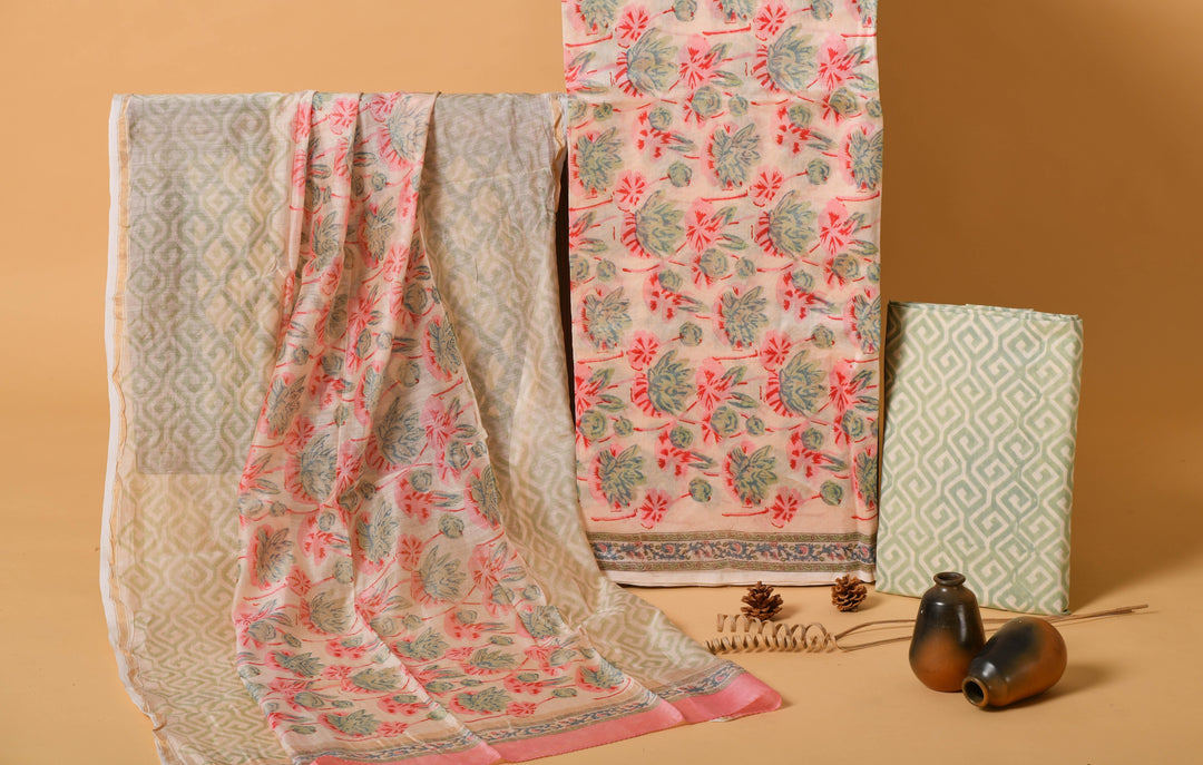 Authentic Pink & Olive hand block printed chanderi suit with chanderi dupatta