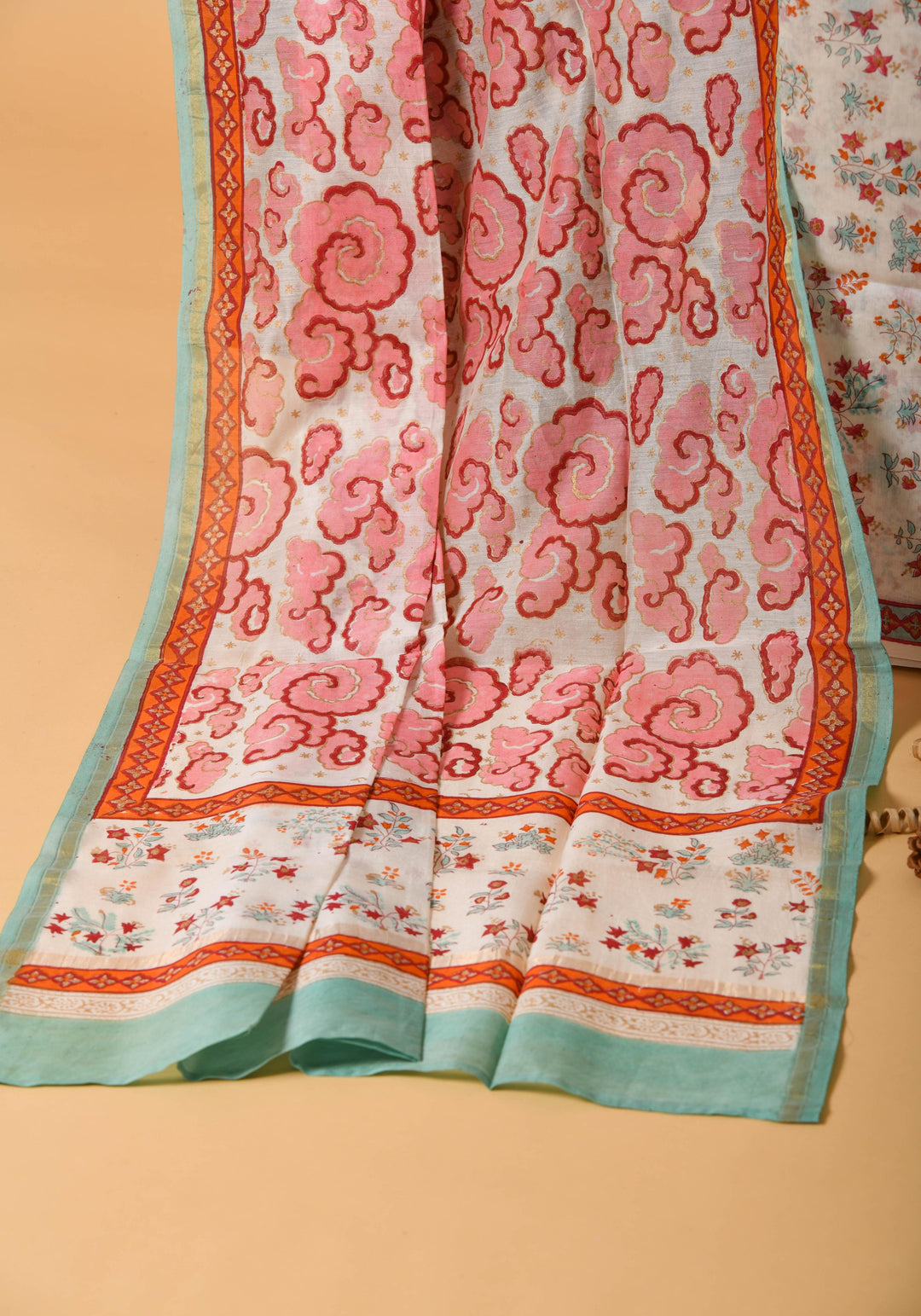 Authentic Pink & Red hand block printed chanderi suit with chanderi dupatta