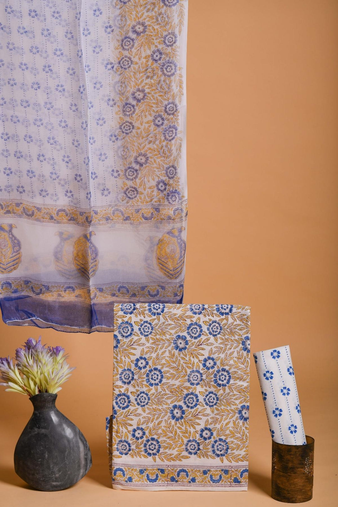 Yellow Blue Hand Block Printed Cotton Suit With Chiffon dupatta