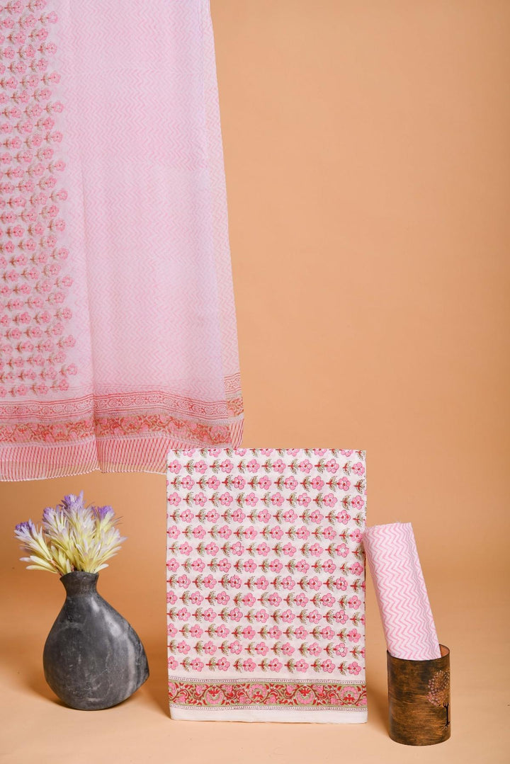 Pink Hand Block Printed Cotton Suit With Chiffon dupatta