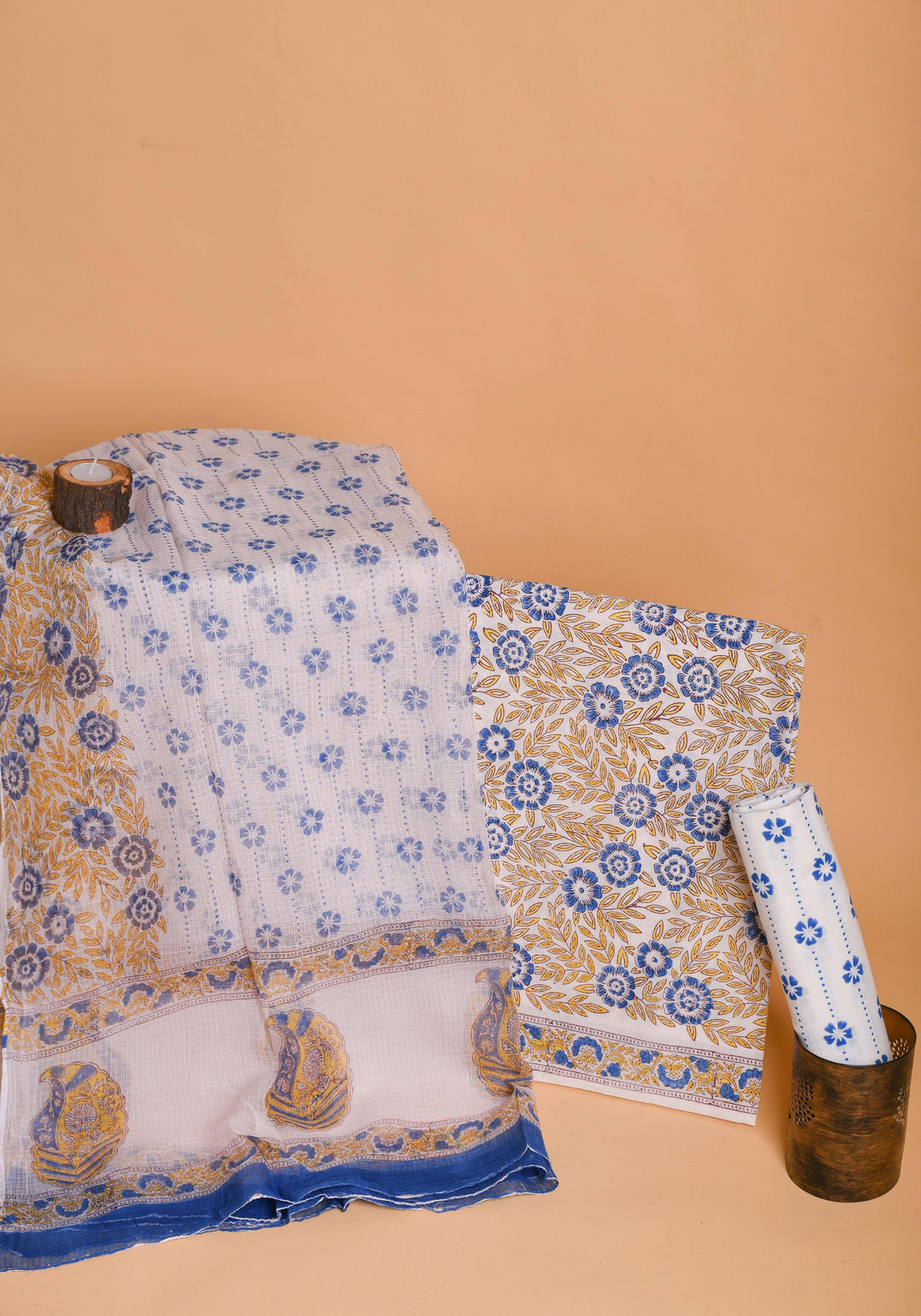 Yellow & Blue Hand Block Printed Cotton Suit with Kota Dupatta