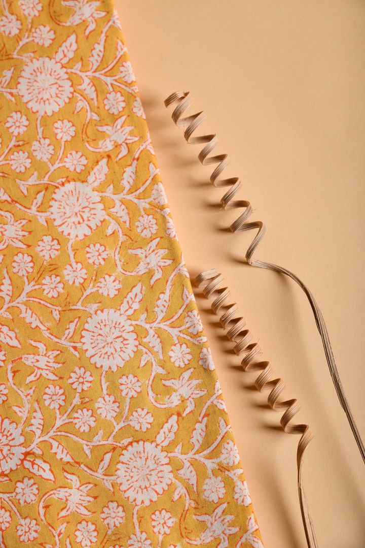 Mustard & Orange Jaal Block Printed Cotton Fabric