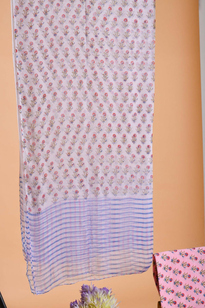 Pink & Blue Hand Block Printed Cotton Suit With Chiffon dupatta