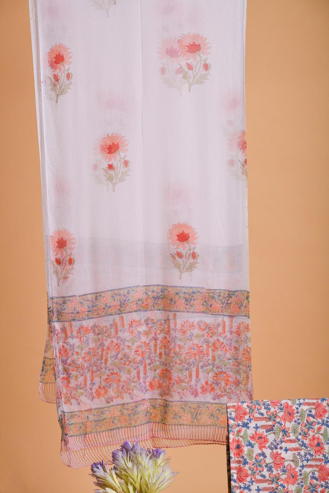 Peach & Red Hand Block Printed Cotton Suit With Chiffon dupatta