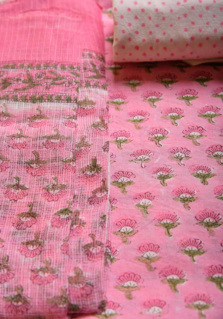 Pink Hand Block Printed Cotton Suit with Kota Dupatta