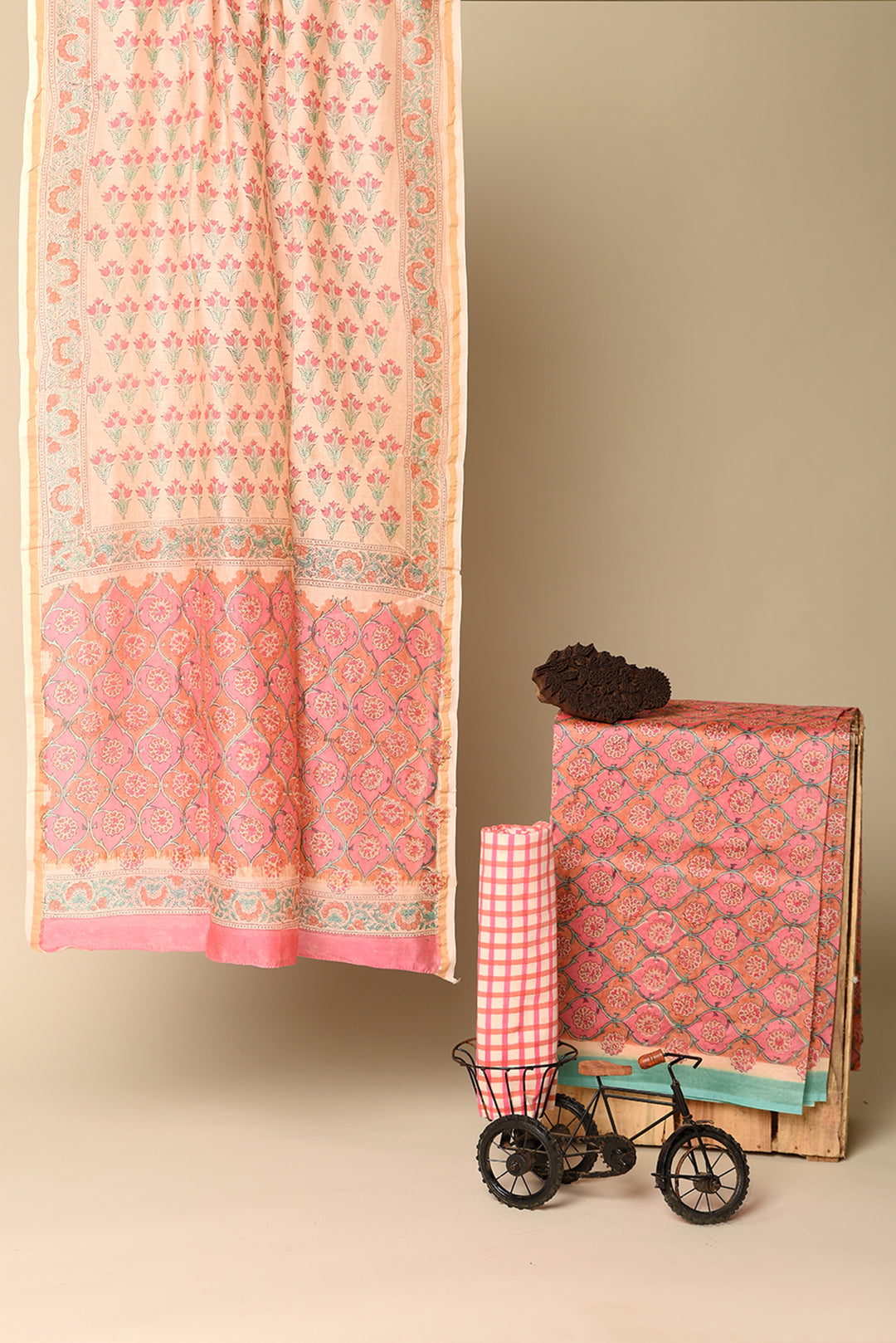 Pink Floral Print hand block chanderi Unstitched Suit With Chanderi Dupatta