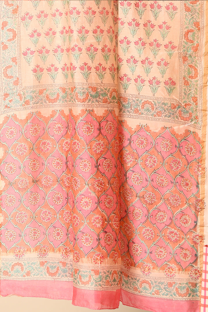 Pink Floral Print hand block chanderi Unstitched Suit With Chanderi Dupatta