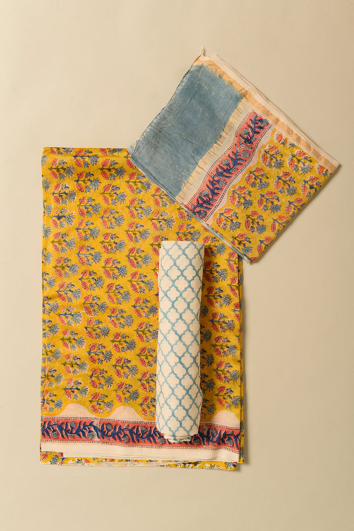 Yellow Floral Print Hand Block Printed Chanderi Unstitched Suit with Chanderi Dupatta