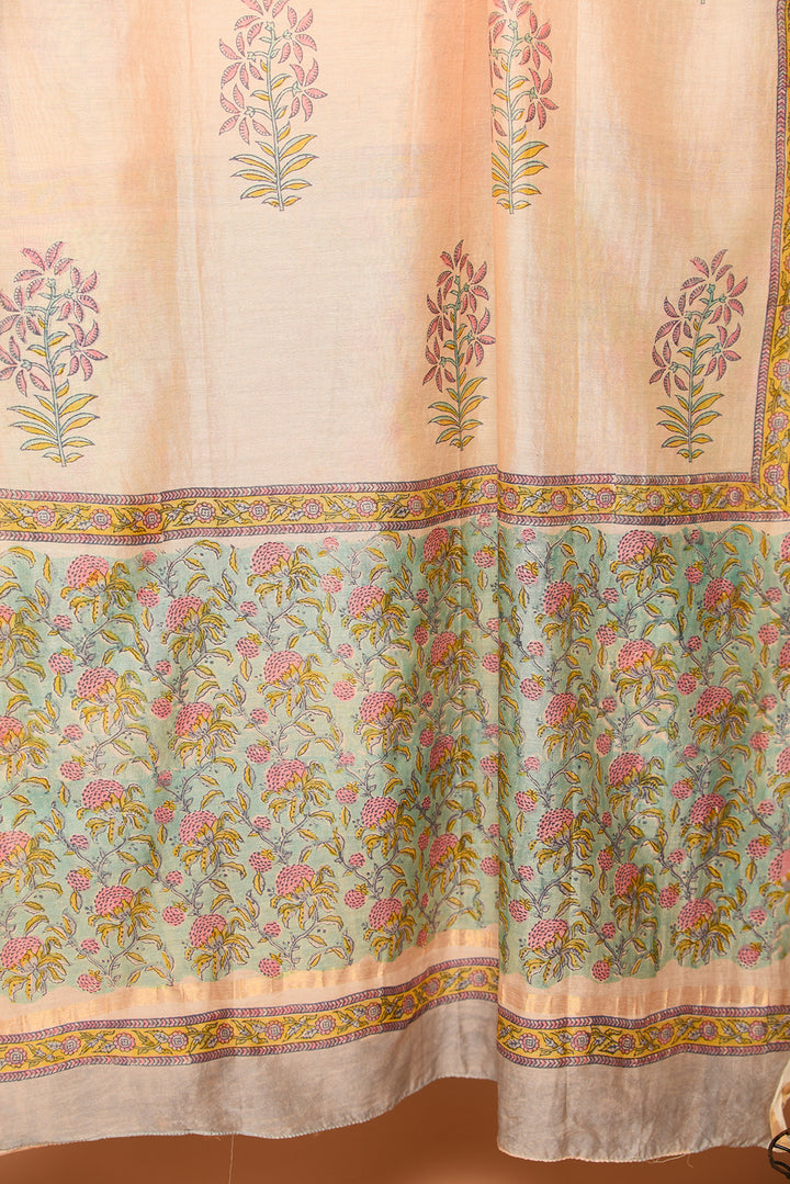 Turquoise & Pink Floral Print Hand Block Printed Chanderi Unstitched Suit with Chanderi Dupatta