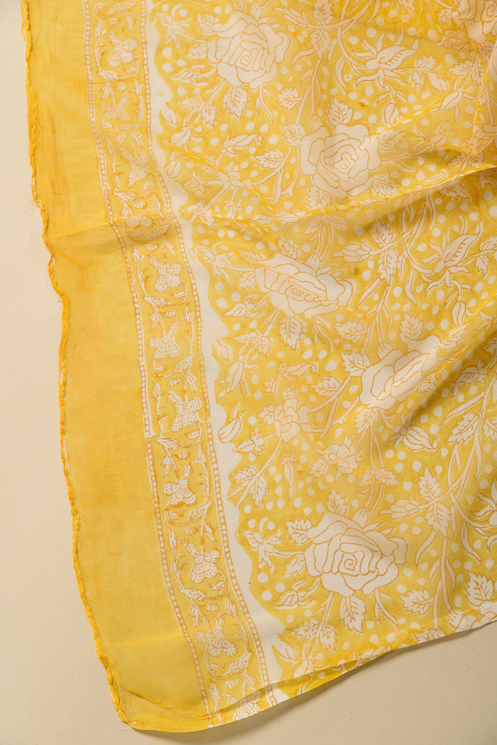 Yellow Floral Print Hand Block Cotton Unstitched Suit With Chiffon Dupatta