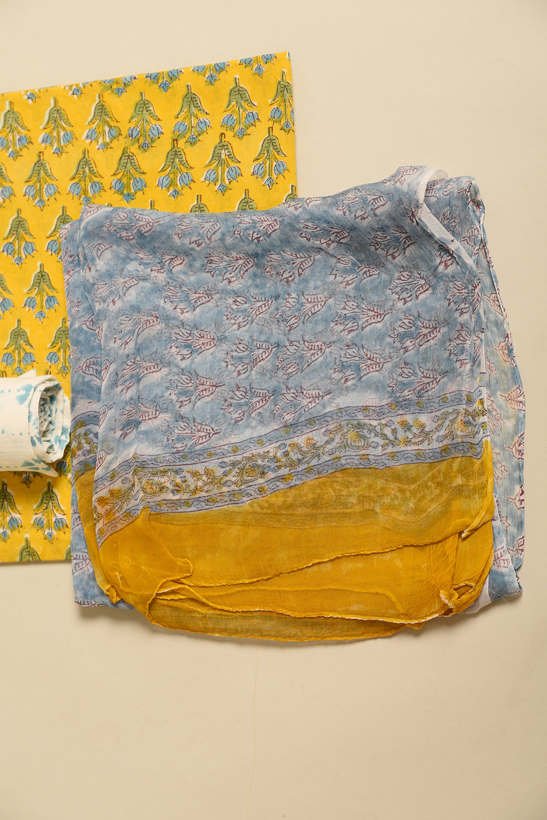 Yellow & Blue Floral Print Hand Block Cotton Unstitched Suit With Chiffon Dupatta
