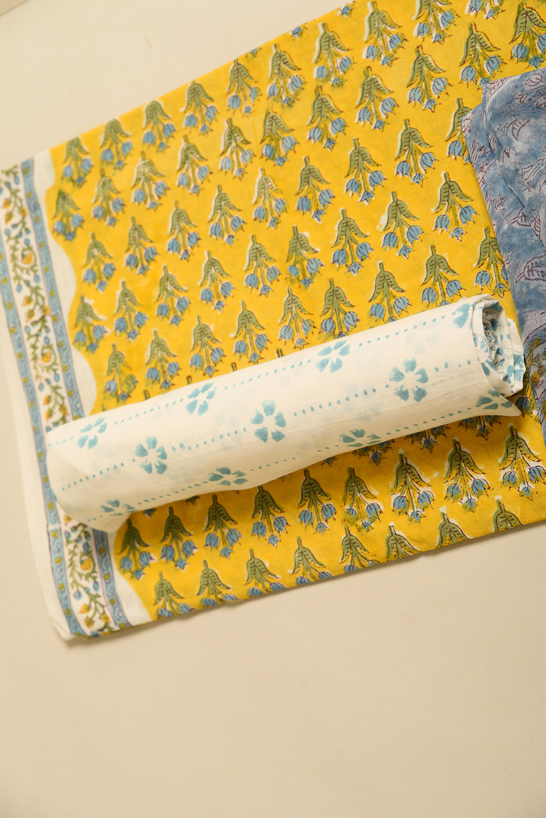 Yellow & Blue Floral Print Hand Block Cotton Unstitched Suit With Chiffon Dupatta