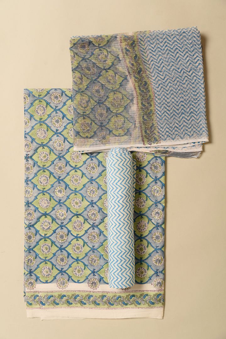 Olive Green & Blue Floral Print Hand Block Cotton Unstitched Suit With Kota Doria Dupatta
