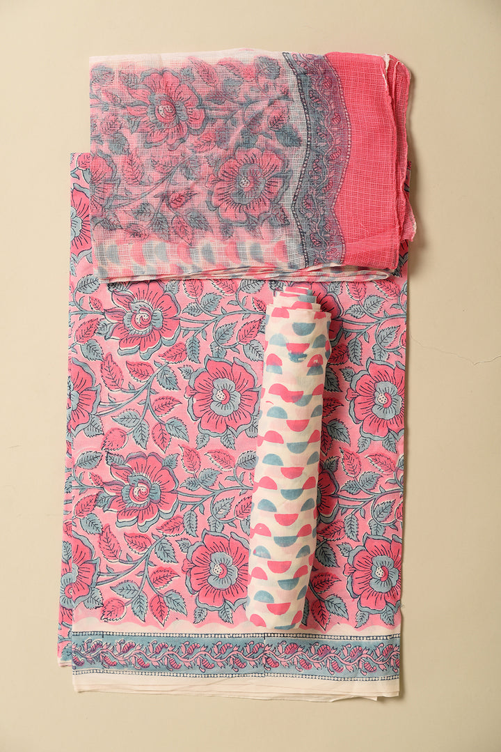 Pink & Greyish Blue Print Hand Block Cotton Unstitched Suit With Kota Doria Dupatta