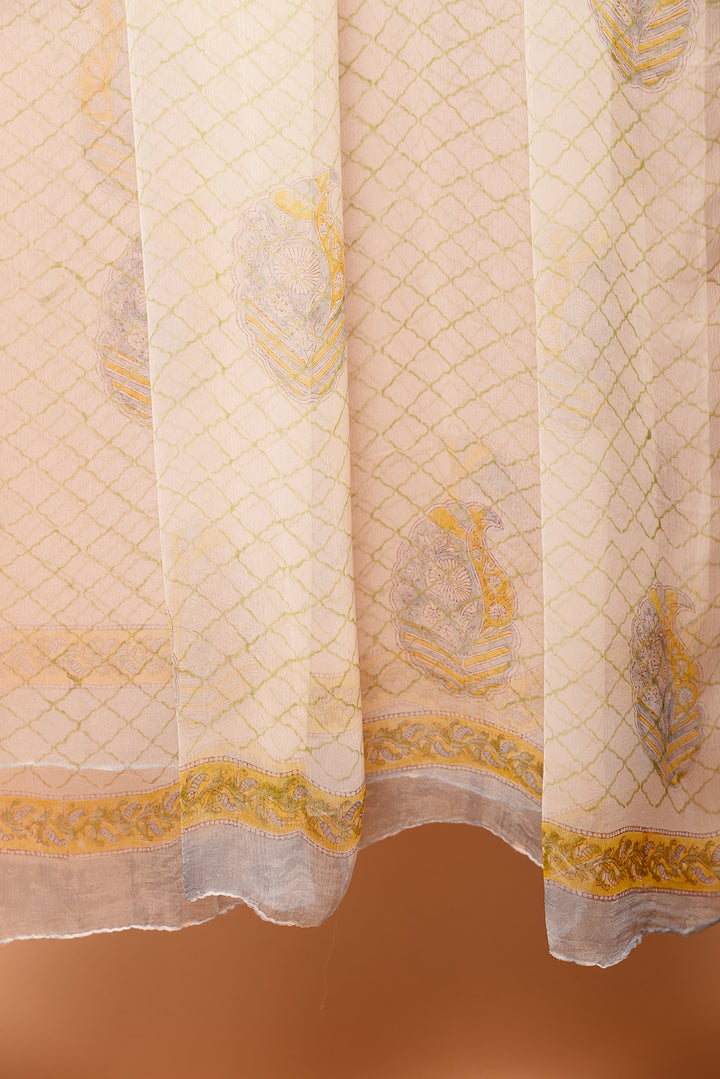 Yellow & White Print Hand Block Cotton Unstitched Suit With Chiffon Dupatta Dupatta