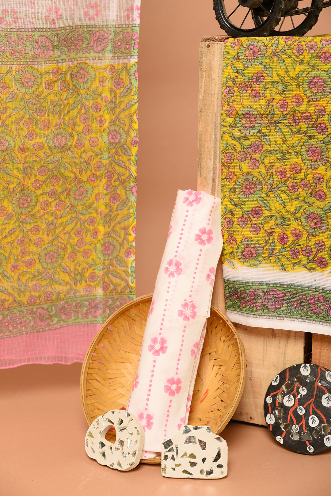 Yellow & Pink Floral Print Hand Block Kota Doria Unstitched Suit With Kota Doria Dupatta