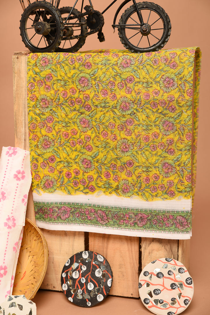 Yellow & Pink Floral Print Hand Block Kota Doria Unstitched Suit With Kota Doria Dupatta