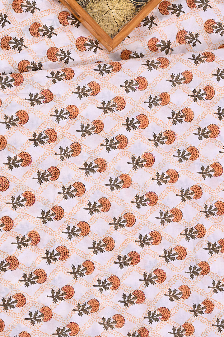 Orange Booti Hand Block Cotton Fabric