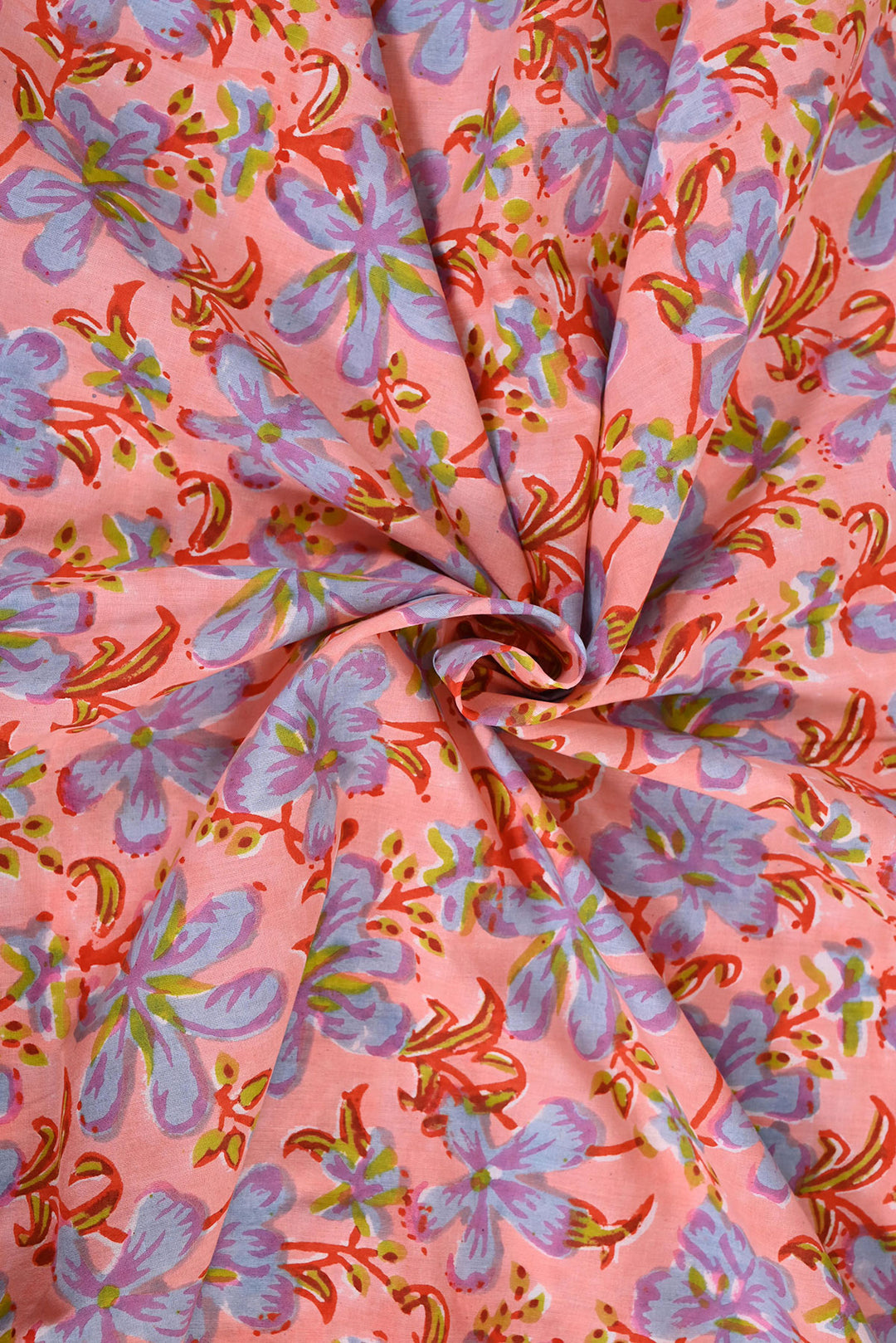 Peach Floral Hand Block Cotton Fabric