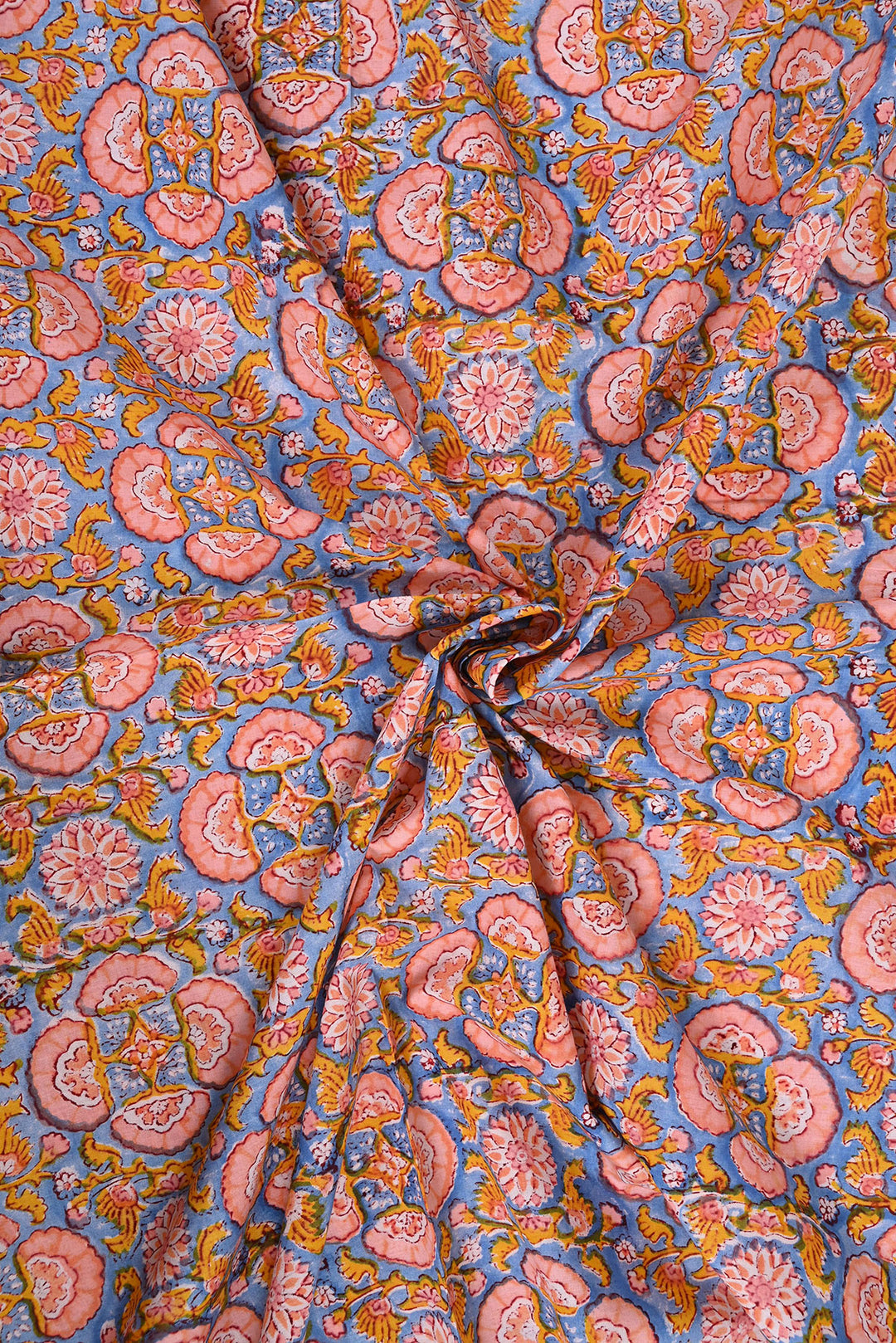 Blue & Orange hand Block Cotton Fabric