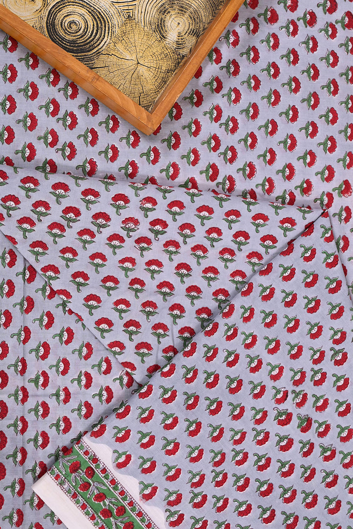 Grey & Red Booti Hand Block Cotton Fabric