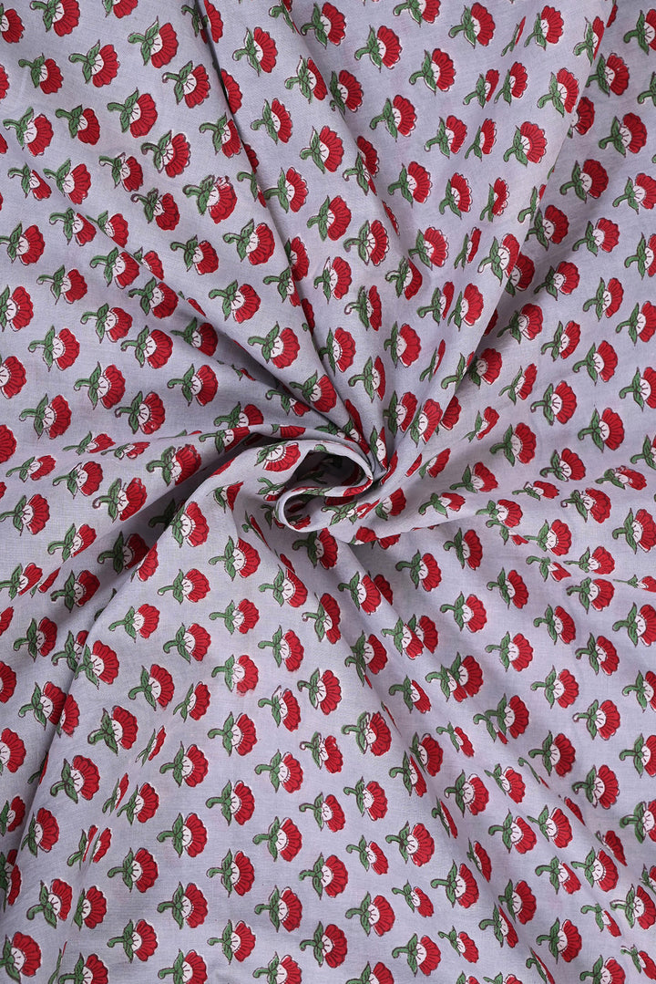 Grey & Red Booti Hand Block Cotton Fabric