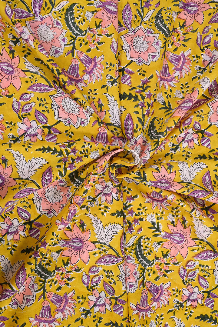 Bright Yellow Floral Jaal Hand Block Cotton Fabric