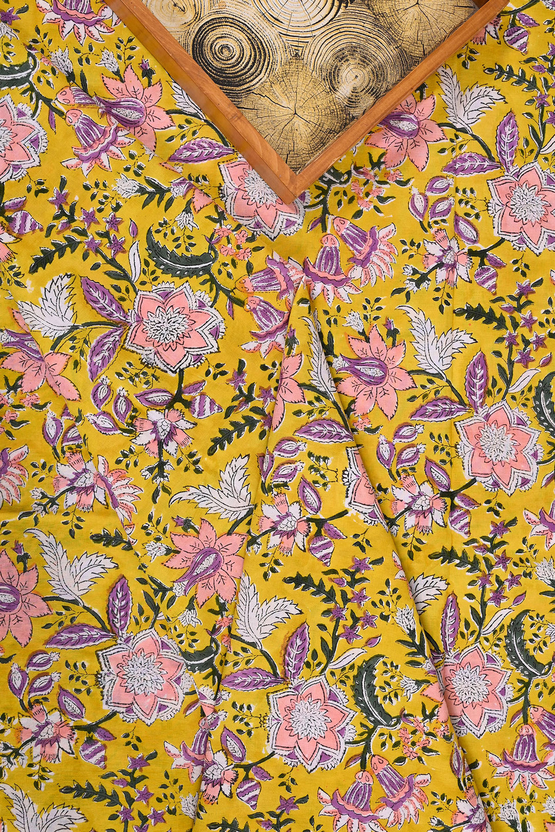 Bright Yellow Floral Jaal Hand Block Cotton Fabric