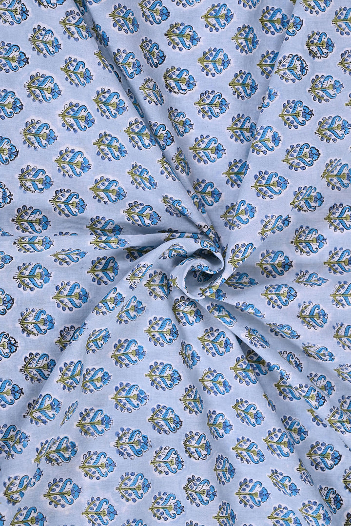Grey & Blue Booti Hand Block Cotton Fabric