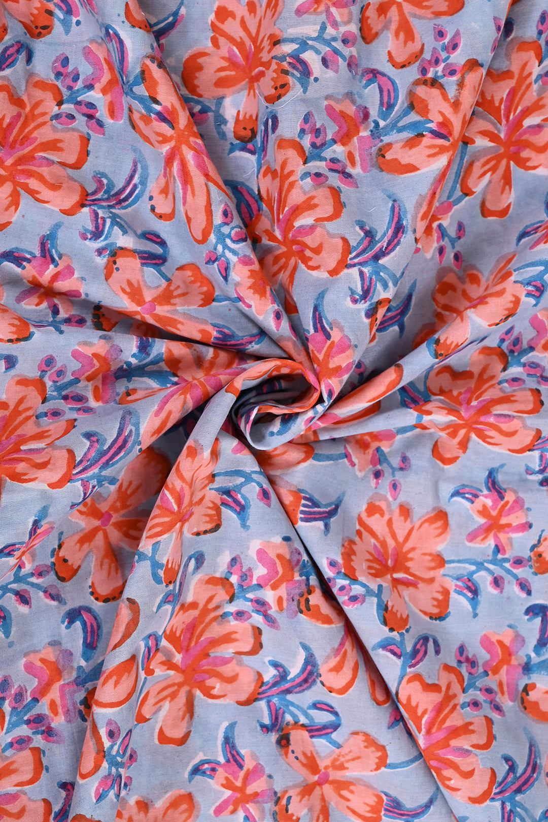 Grey & Peach Floral Jaal Hand Block Cotton Fabric