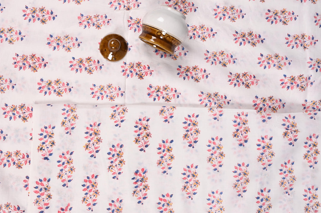 White & Peach Floral Jaal Block Printed Cotton Fabric