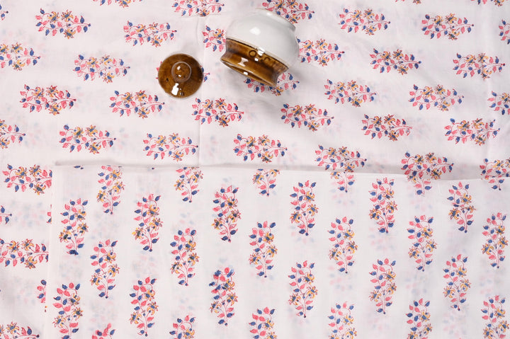 White & Peach Floral Jaal Block Printed Cotton Fabric