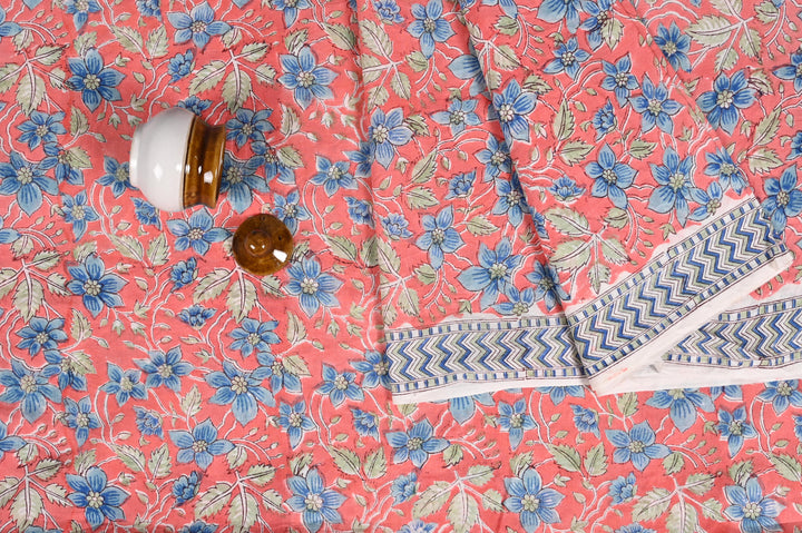 Peach & Blue Floral Jaal Block Printed Cotton Fabric
