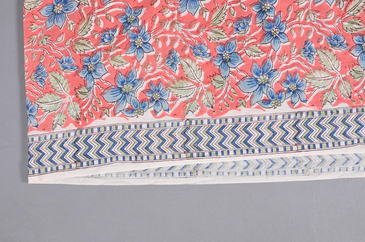 Peach & Blue Floral Jaal Block Printed Cotton Fabric