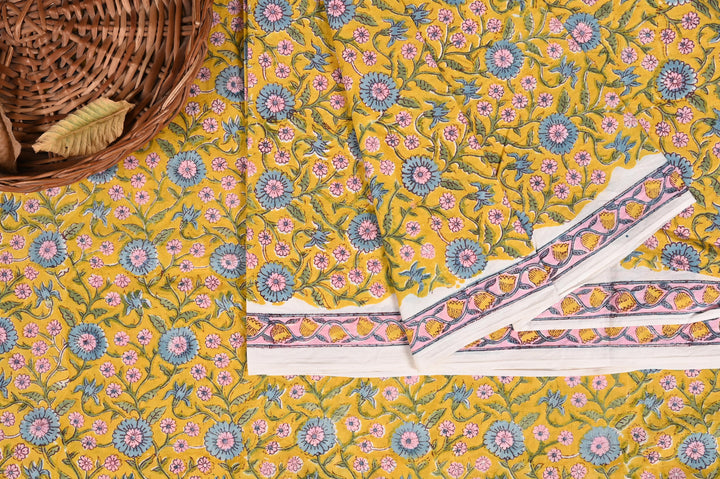 Yellow & Grey Floral Jaal Block Printed Cotton Fabric