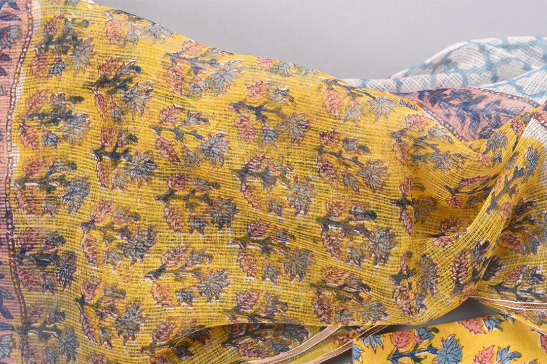 Yellow & Grey hand block printed cotton suit with Kota dupatta