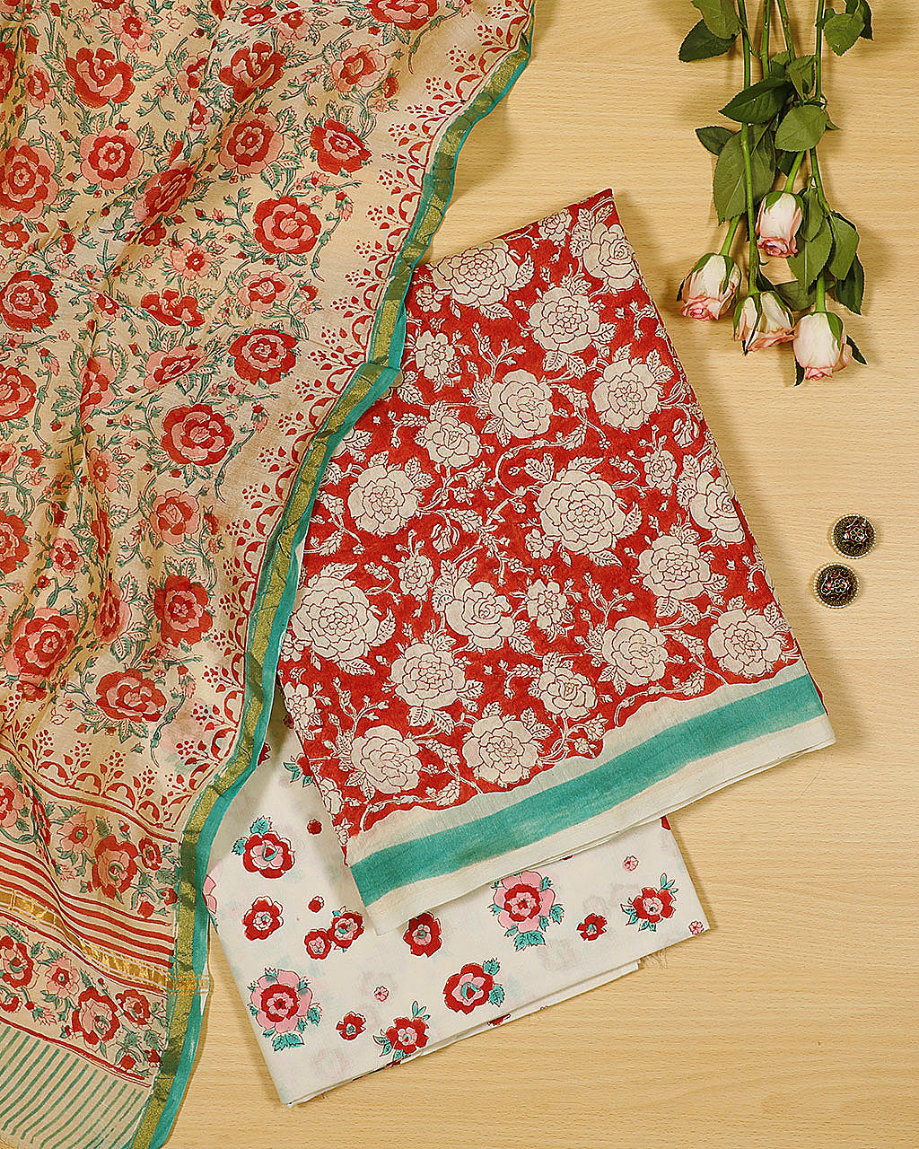 Authentic Red & Turquoise hand block printed chanderi suit with chanderi dupatta
