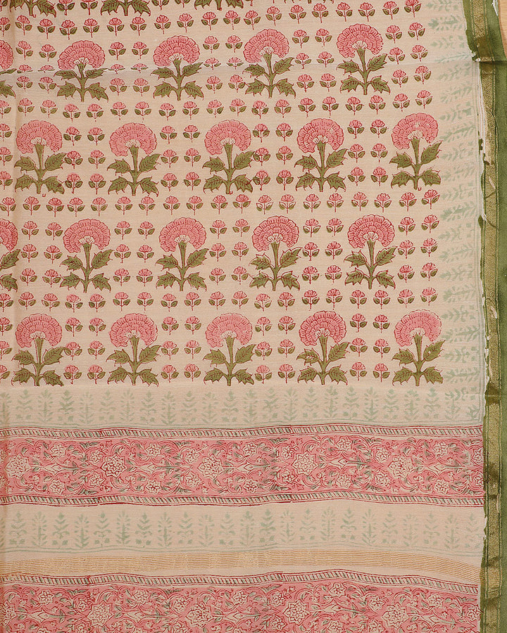 Authentic Pink & Green hand block printed chanderi suit with chanderi dupatta